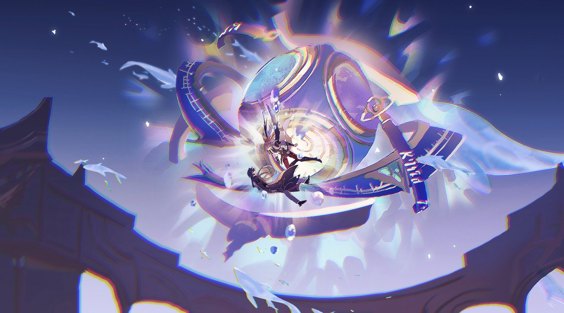 the image depicts a scene from an anime or video game. the scene appears to be a battle between a magical girl and a magical boy. they are both in midair, surrounded by a burst of energy. the magical girl is wielding a sword, while the magical boy is holding a glowing orb. in the background is a swirling galaxy of stars. the image is full of action and energy, and it suggests that a powerful battle is taking place.