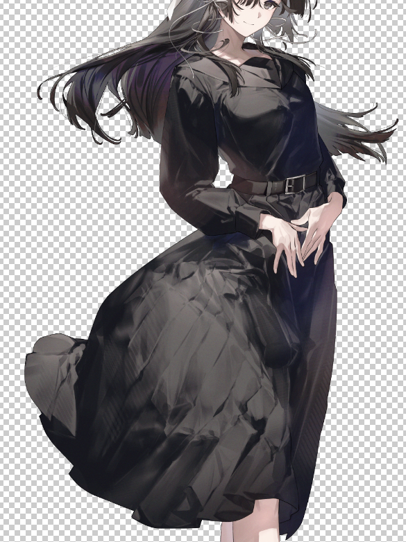 the image showcases a stylized illustration of a young woman, likely an anime character, with flowing black hair. she sports an elegant, predominantly black dress with a fitted bodice and a flowing skirt.  the artwork emphasizes her attire and pose, suggesting a sense of grace and style.