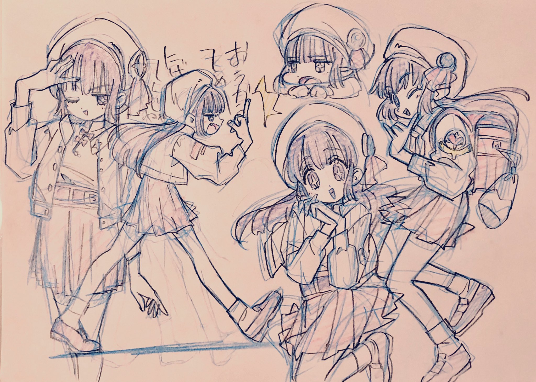 the image is a scanned in sketch page with four drawings of the same original female anime character in various poses. the line art is drawn in blue pencil with pink pencil used sparingly for accents. the top left drawing is shaded slightly with grey pencil. the drawings are quick and loose, conveying motion well.  there is a single japanese word written above the character's head in the top left drawing.