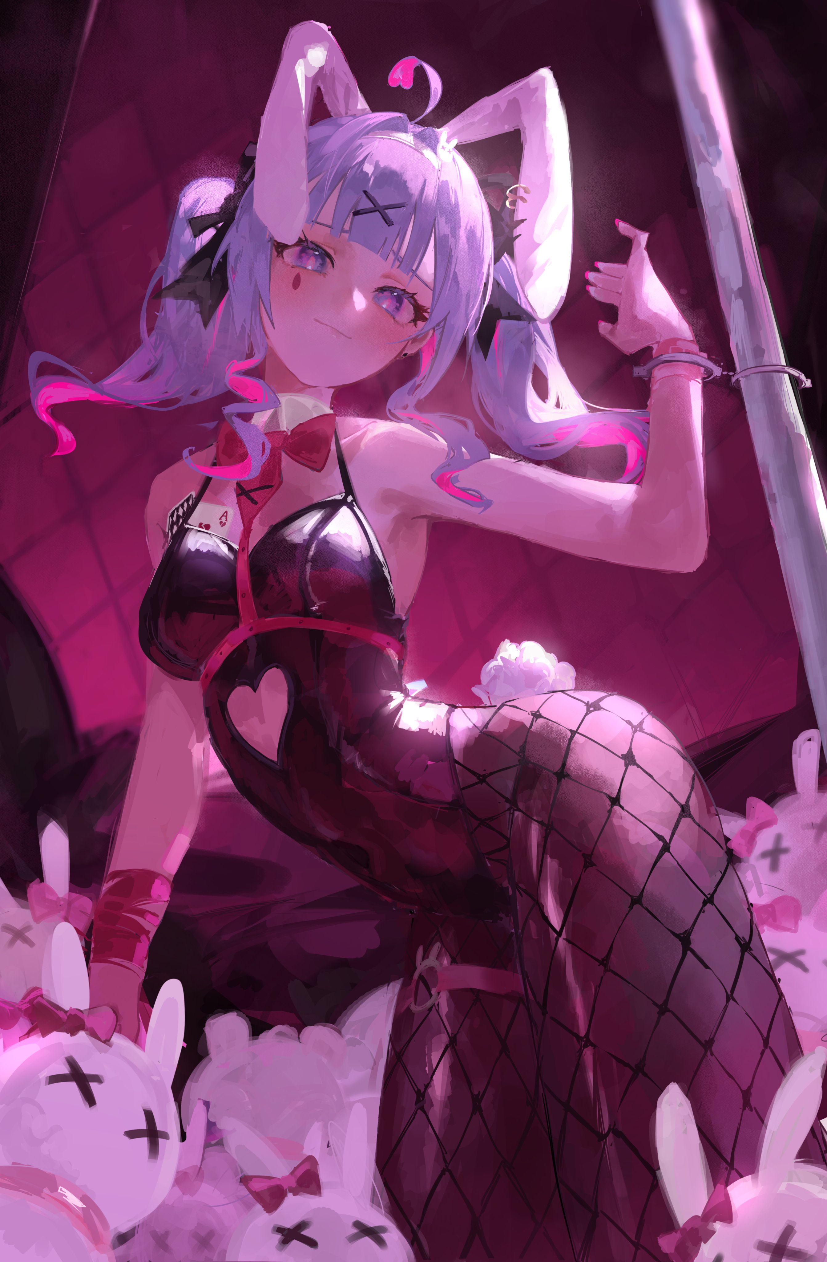 the image is a digital painting of an anime girl dressed in a dark purple bunny girl outfit. she has long purple hair with pink accents and is wearing a black, heartshaped,  shiny dress with fishnet stockings. she has a bow tie and bunny ears and is posed seductively.  several plush bunnies surround her, and she appears to be wearing handcuffs. the overall color scheme is dark purple and pink, creating a moody and slightly mysterious atmosphere. the style is evocative of fantasy art, with a focus on detailed character design and vibrant colors.