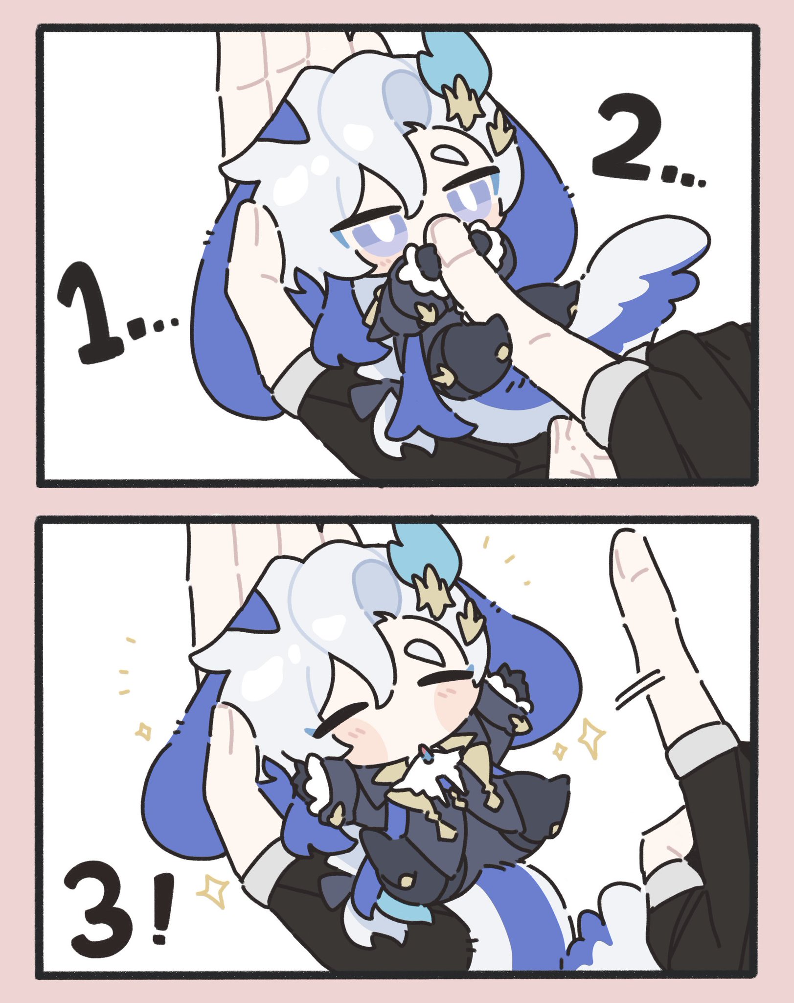 this is a threepanel comic strip featuring a chibistyle ganyu from the video game genshin impact.  the comic shows a hand gently interacting with ganyu in three different stages, playfully counting down from two to one, ending with a exclamation mark showing a sense of completion. ganyu is depicted with her signature outfit and fluffy, winglike hair, and has a cheerful, adorable expression throughout the comic. the style is simplistic, using clean lines and pastel colors typical of kawaii art.