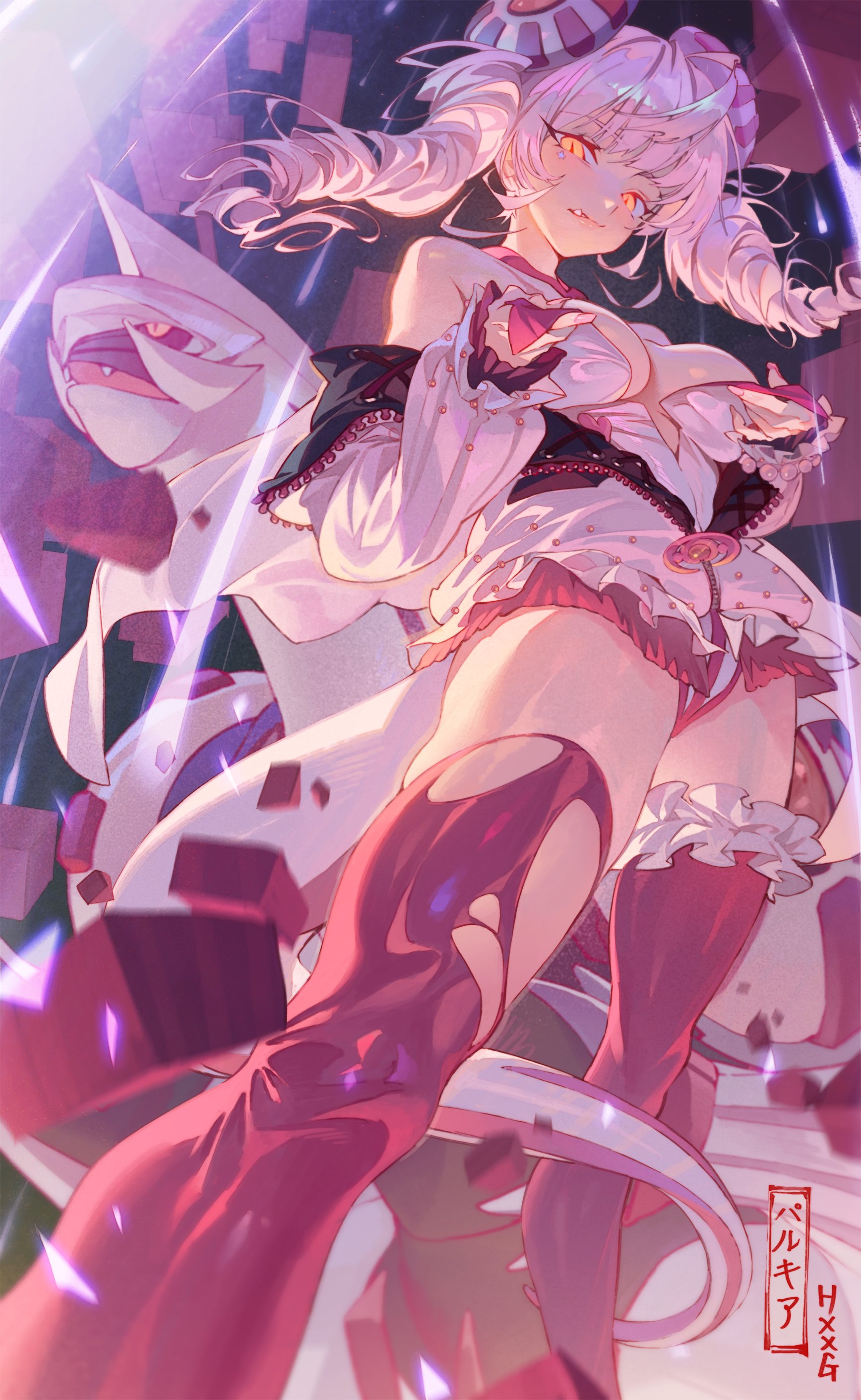 he image is a digital painting or illustration of an animestyle female character. she has long, braided pink hair and is wearing a pink and white dress with frills and details. she also wears thighhigh red boots or stockings with a unique design. her expression is confident and slightly mischievous. the character is posed dynamically, as if in motion or midaction. the background features shattered or broken pieces that are glowing with light.  the style is vibrant and colourful, with a focus on light and shadow effects to emphasize the character's movement and energy. there is japanese text at the bottom right, presumably the artist's signature or title.  the overall feel is magical girlesque, combining elements of cuteness and power.
