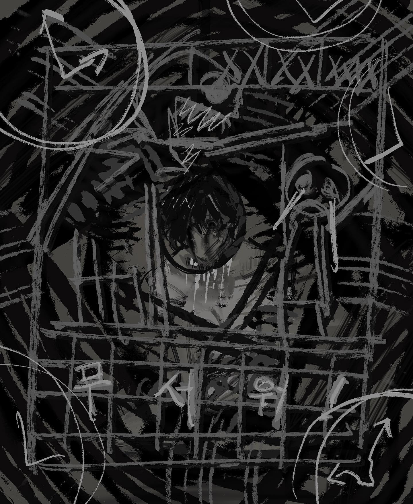 the image is a dark and expressive portrait of a person, likely male, seemingly trapped behind bars. rendered in shades of black, gray, and white, it utilizes a rough, almost chaotic brushstroke style, creating a sense of unease and claustrophobia. the figure's expression is one of distress and sorrow, with streaks of white suggesting tears. the bars and circular forms around the figure contribute to the feeling of confinement and perhaps symbolize societal pressures, expectations, or internal struggles. this piece evokes themes of mental health, particularly anxiety, depression, and the feeling of being trapped.