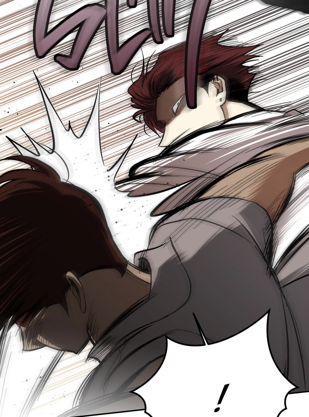 the image is a closeup, dynamic illustration from a manga or comic book. two characters are engaged in a fierce fight. one character with red hair is delivering a powerful punch, his expression intense and determined. the other character with brown hair is receiving the blow, the impact depicted with motion lines and blur effects emphasizing the speed and force. the background features speed lines suggesting rapid movement. the art style is detailed, using shading and linework to create depth and convey the energy of the moment. the overall impression is one of intense action and struggle.