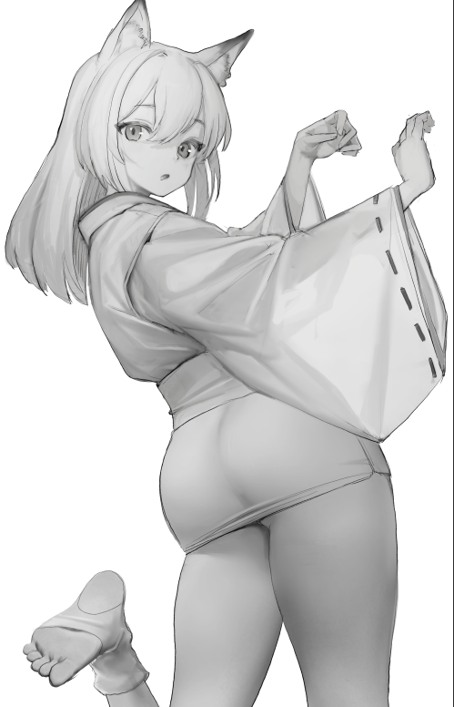 the image is a grayscale digital drawing or sketch of an animestyle girl. she has long white hair, fox ears, and is wearing a kimonoinspired outfit consisting of a loosefitting top and a short skirt. she's wearing leggings and socks. the girl is in a playful pose, with her arms raised and her body slightly turned away from the viewer. the style is reminiscent of manga or anime artwork, with a focus on soft lines and shading to create a sense of depth and form. the overall tone is light and airy, with the grayscale palette contributing to a subtle and elegant feel.