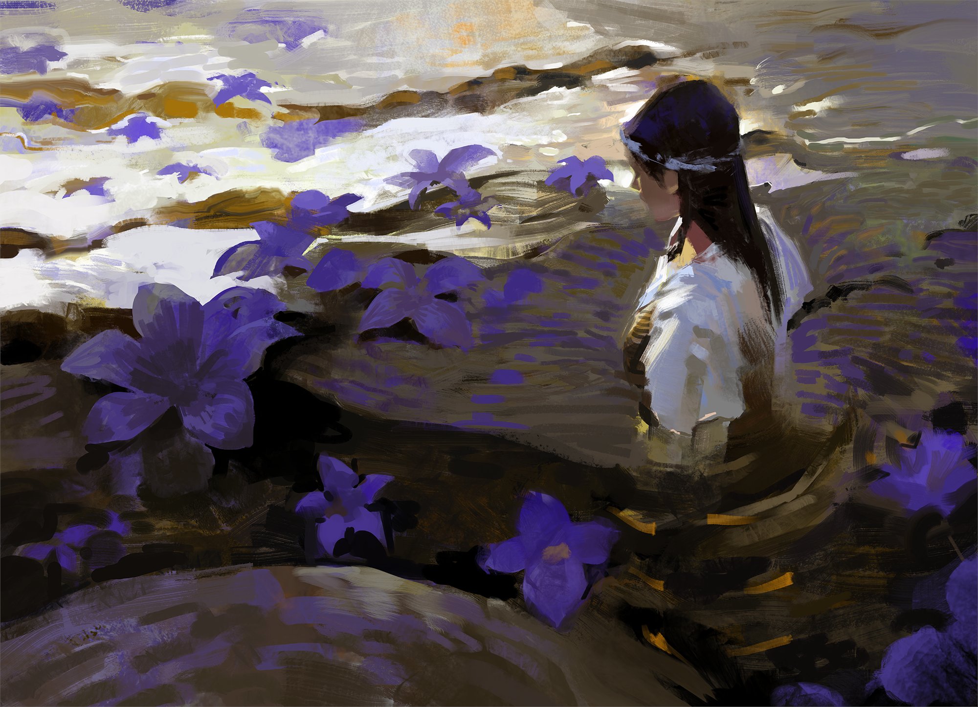 this image is a beautiful digital painting featuring a young woman with long brown hair standing in a field of purple and blue flowers. the woman is wearing a white dress and looks ethereal and mystical. the background features a blurry stream or river that winds through the field, adding to the dreamlike atmosphere. the artist uses vibrant colors and a loose brushstroke to create a truly captivating image.