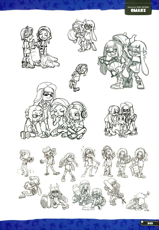 this piece showcases a collection of charming and dynamic sketches featuring the iconic inklings from the splatoon video game series. the drawings capture the inklings in various poses and interactions, highlighting their playful and energetic personalities.