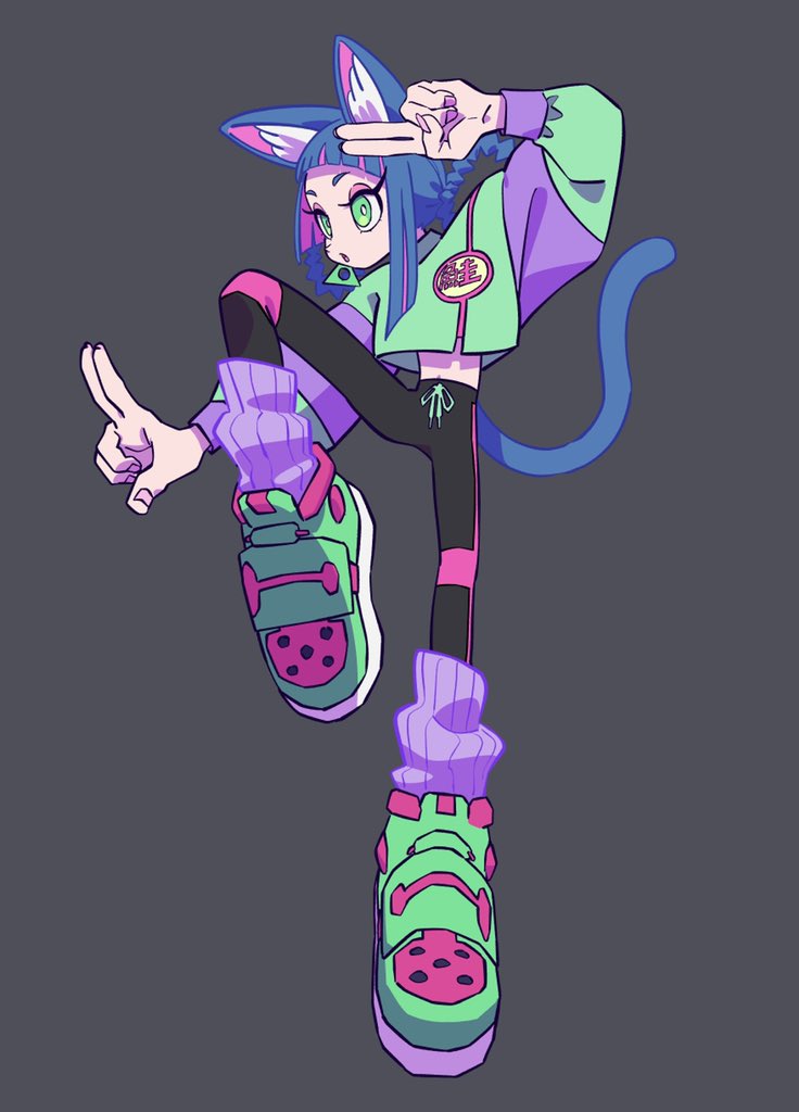 a cartoon character design in anime style of a girl with blue cat ears and tail is striking a playful pose, jumping in midair. she is wearing a colorful, stylish streetwear outfit that includes a green and purple jacket, black leggings, and chunky green sneakers with pink and red accents. she is also wearing mismatched socks, with one purple and one green. she has vibrant pink and blue hair and is making a peace sign with both hands. the background is a solid dark gray color.