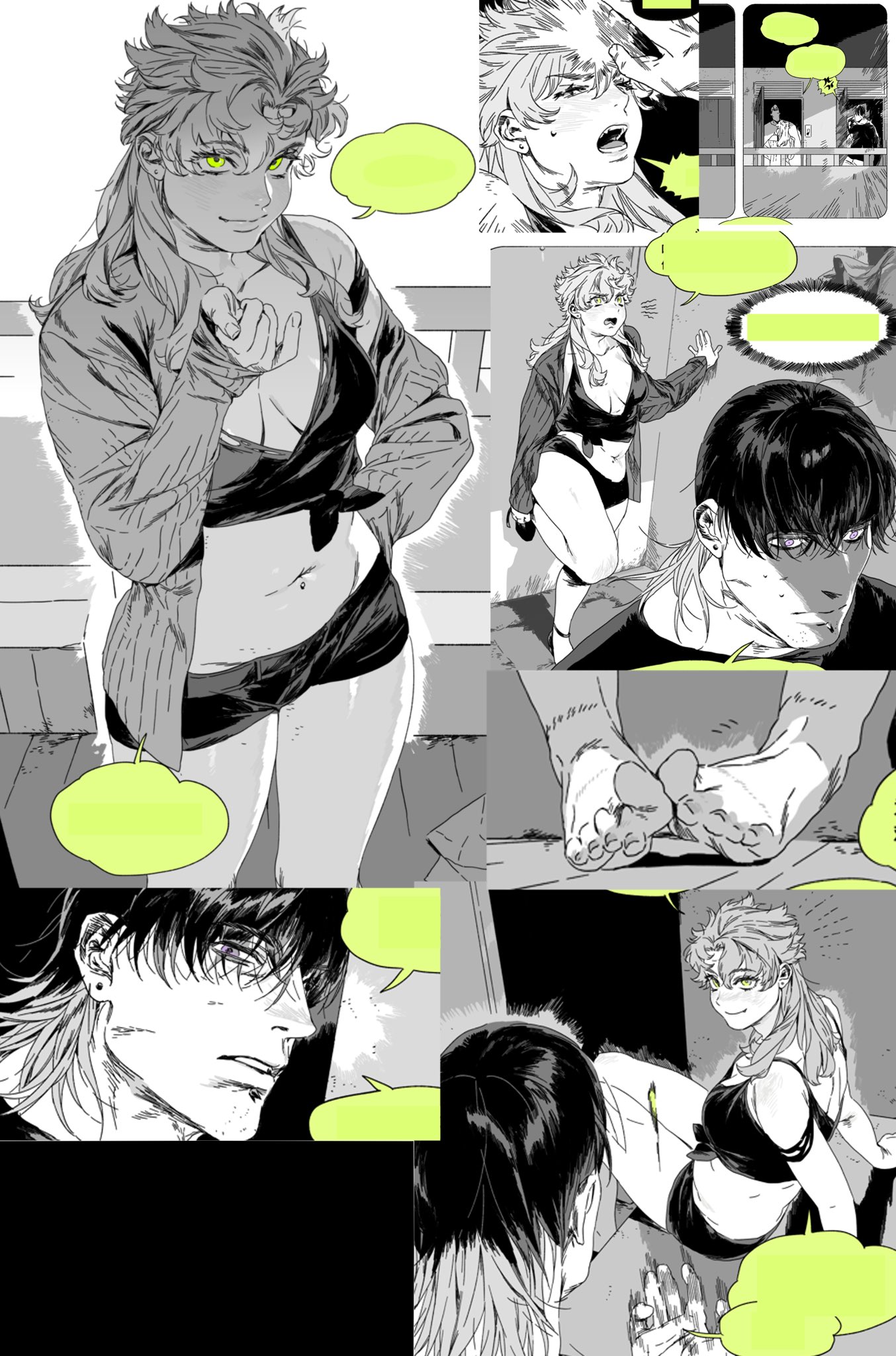 the image is a black and white manga comic page, featuring a woman and a man in various panels. the woman is depicted with short hair, yellow eyes, wearing a jacket and underwear. the man has dark hair, scars on his face, and is shown in different poses and panels, sometimes with bare feet. speech bubbles are included in several panels, presumably for dialogue. the overall style is reminiscent of anime or manga comics.