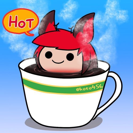 a cute anime girl with red hair and cat ears is submerged in a cup of hot beverage, with steam coming out of the cup and a speech bubble that says "hot." the cup is white with a green and gold band around the middle and the handle is on the right side. the background is light blue.  the girl's eyes are big and round, and she has a sweet smile on her face.  the image is drawn in a cartoon style.