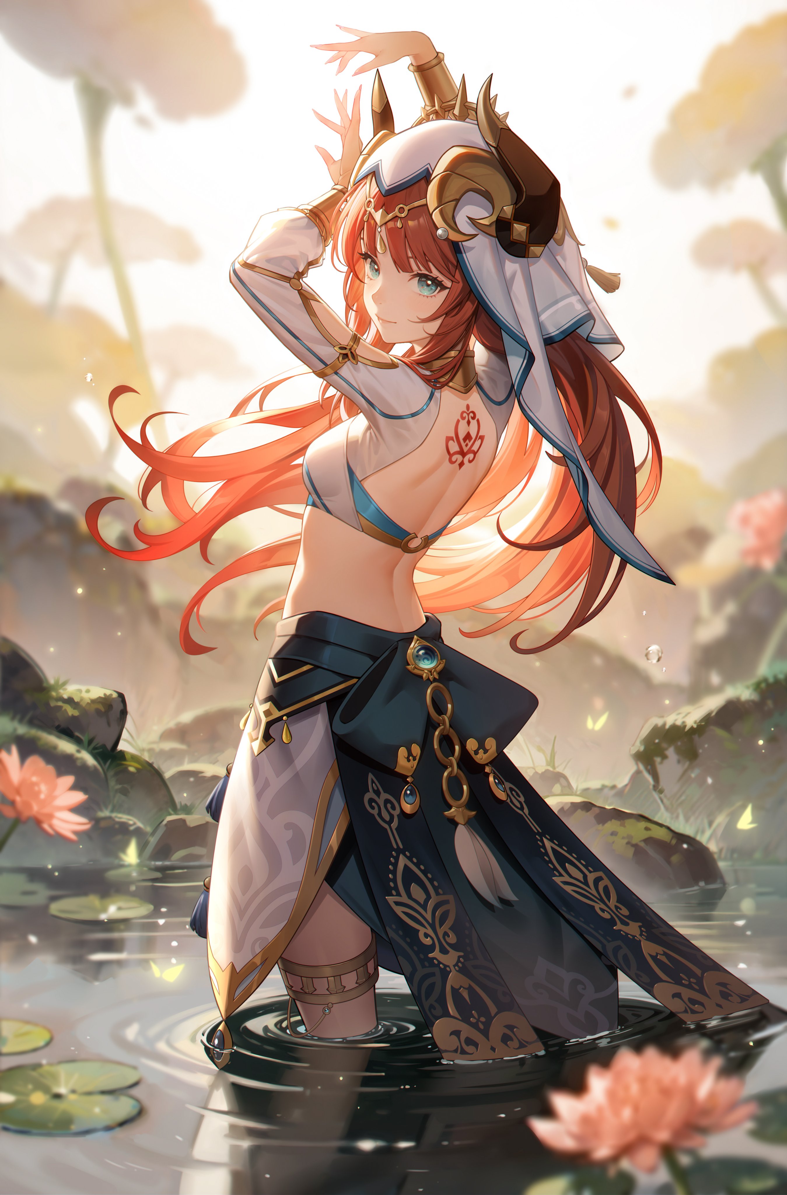 the image showcases a beautifully rendered animestyle female character.  she possesses long, flowing red hair and is adorned in an elaborate, ornate costume suggestive of fantasy or mythological themes.  the outfit includes a headdress with horns, a long flowing skirt and top with intricate detailing, and various pieces of jewelry. she is partially submerged in a serene pond or lake, surrounded by water lilies and other natural elements. the lighting suggests a warm, possibly sunlit atmosphere, enhancing the overall feeling of tranquility and beauty. the character's pose is graceful and elegant, giving the impression of a serene and perhaps mystical being. the art style is highly detailed, with a focus on smooth lines, soft shading, and rich colors. the overall impression is one of ethereal beauty and captivating fantasy.
