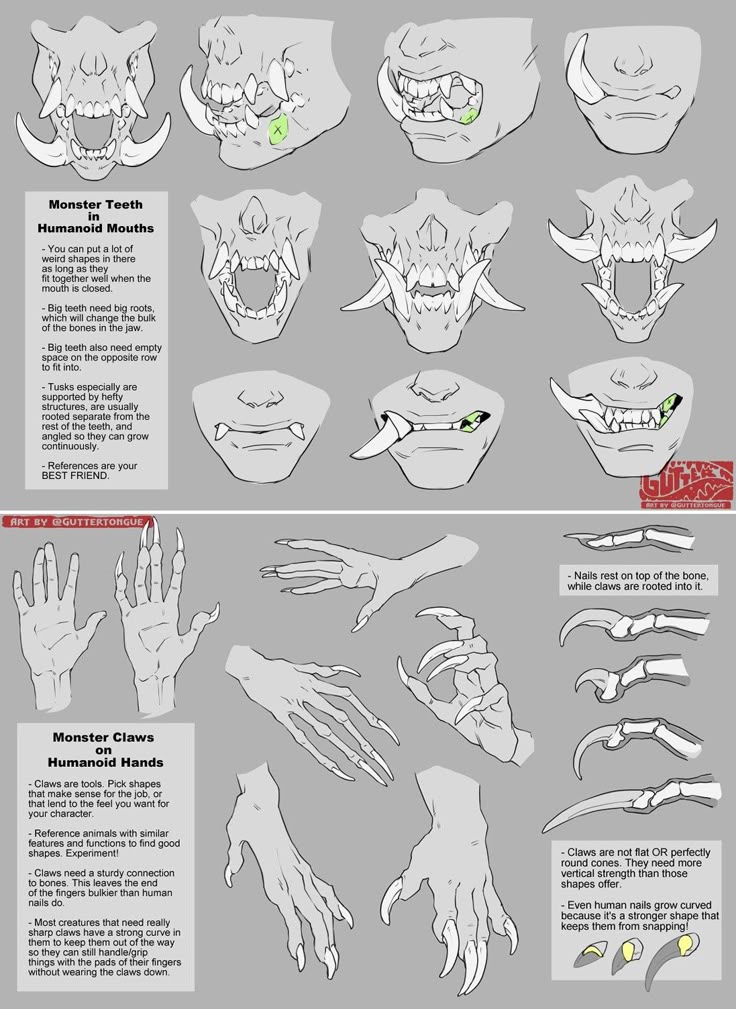 the image is an art reference guide illustrating monster teeth in humanoid mouths and monster claws on humanoid hands. it provides guidance on drawing these features, including the shapes, roots, and connections to the bones. it includes various examples of teeth and claw designs.