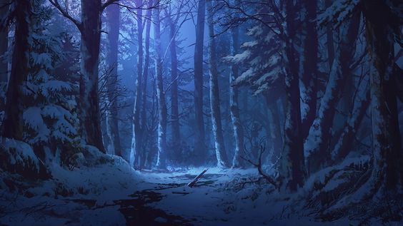 a snowy path winds through a dense forest at night. the trees are tall and slender, their branches bare except for a dusting of snow. the moon is a bright disc in the sky, casting a cool, blue light over the scene. the overall atmosphere is one of tranquility and mystery.