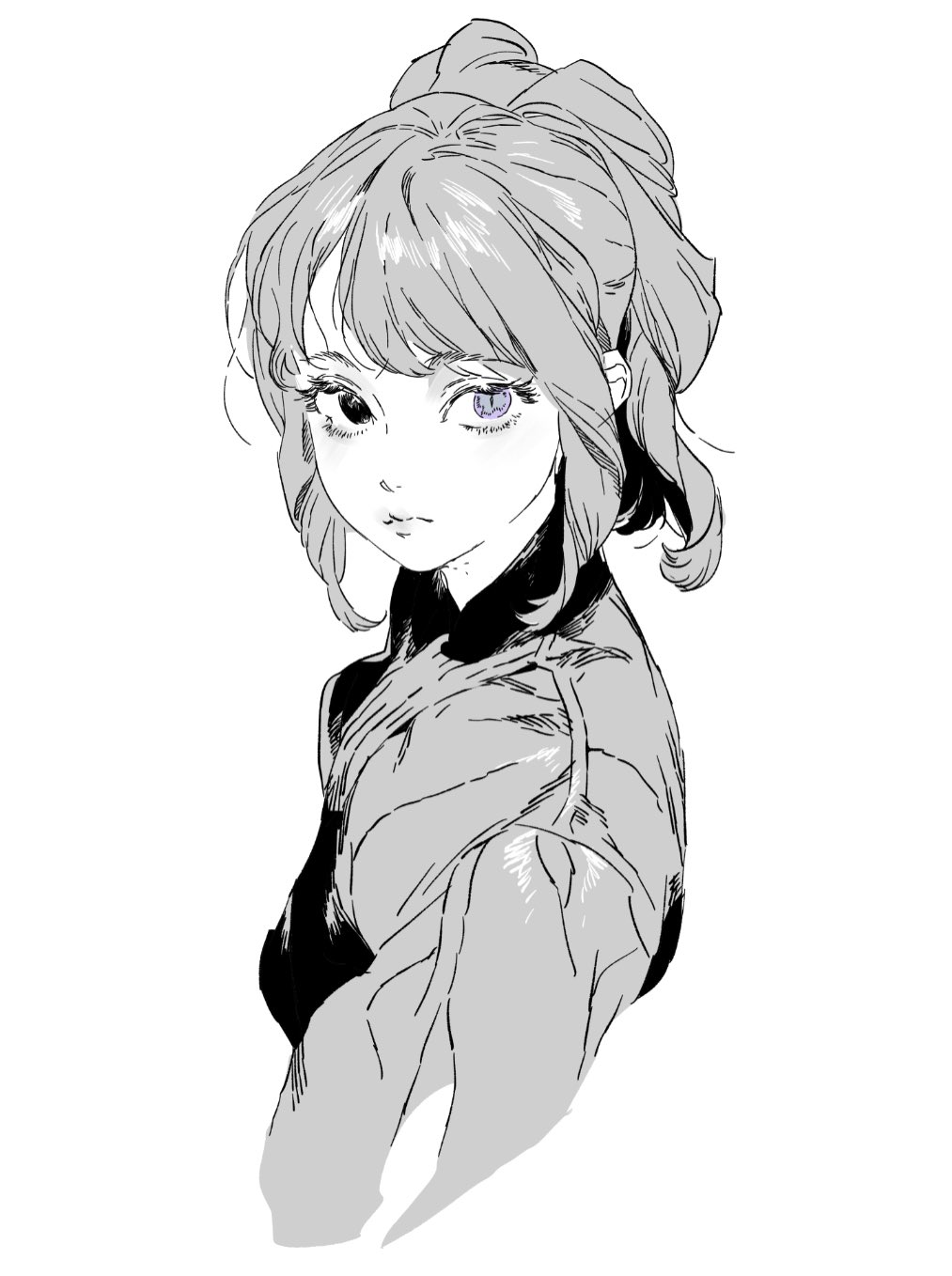 a sketch of a woman in anime style with a hair bun, wearing black and grey clothing. her eye is purple.