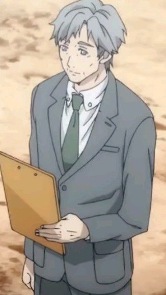 a man in a gray suit, white shirt, and tie is standing with a serious expression while holding a clipboard in his hand. he is looking down at the clipboard and appears to be focused on its contents. the illustration is in an anime style.