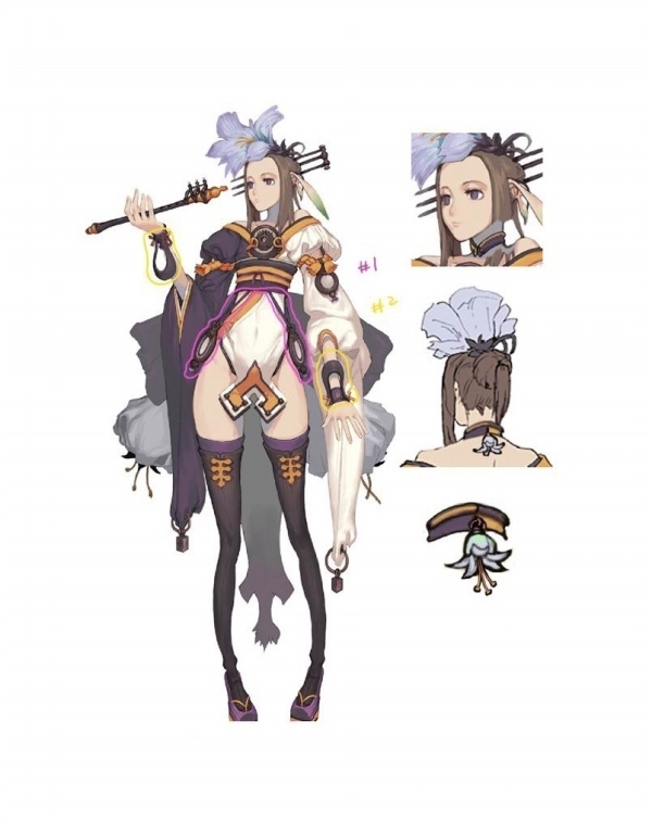 this image appears to be a digital illustration of a female character design, possibly for a video game or animation. the illustration is presented as a character sheet showcasing the character from multiple angles  front, side, and back  along with closeup details of her accessories. the character has a stylized, almost animelike aesthetic and is dressed in an elaborate outfit that blends elements of traditional asian clothing with more fantastical elements. she appears to be holding a long, thin instrument, possibly a flute, in her hand. the overall color palette is muted but accented with pops of gold, orange, and blue.