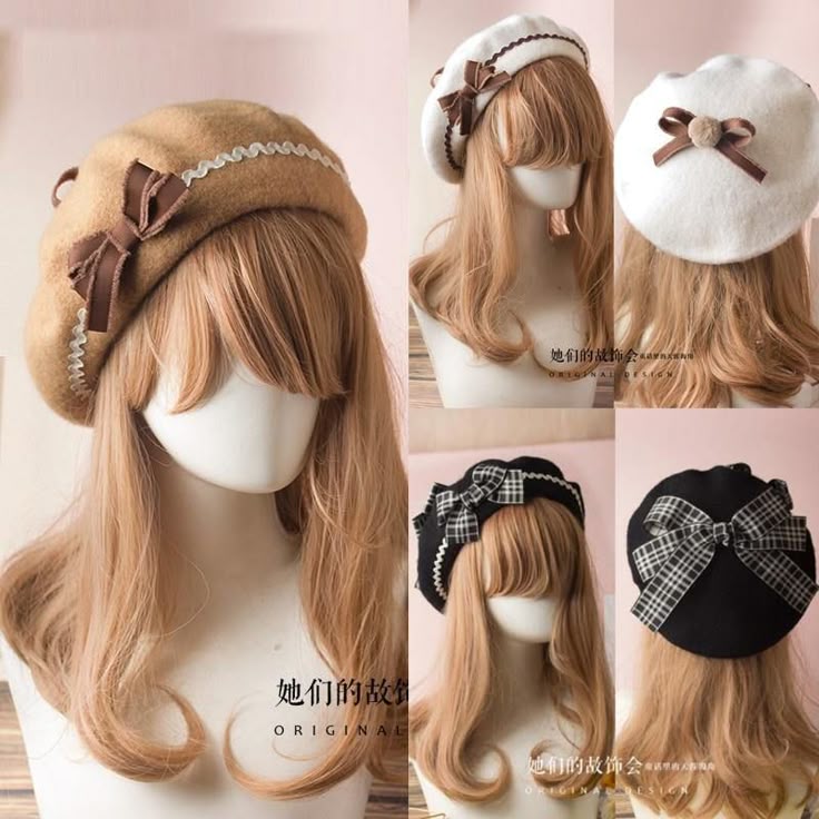 the image shows a collage of five berets, each on a mannequin head with a wig. the berets are in different colors and styles, all featuring bows as a decorative element. the mannequins have similar hairstyles, with bangs and long, wavy hair.