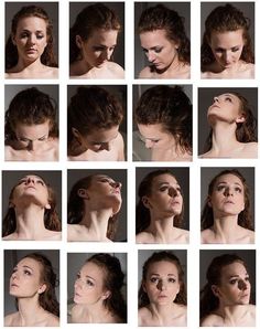 the image is a grid of 20 black and white photographs featuring the same woman with red hair. each photo showcases her head and shoulders in various poses and with different facial expressions. the lighting is soft and directional, creating subtle shadows that highlight her features. the background is consistently neutral, keeping the focus on the woman's face and expressions. this collection of images is likely used as a reference for artists studying portraiture, expressions, and lighting techniques.
