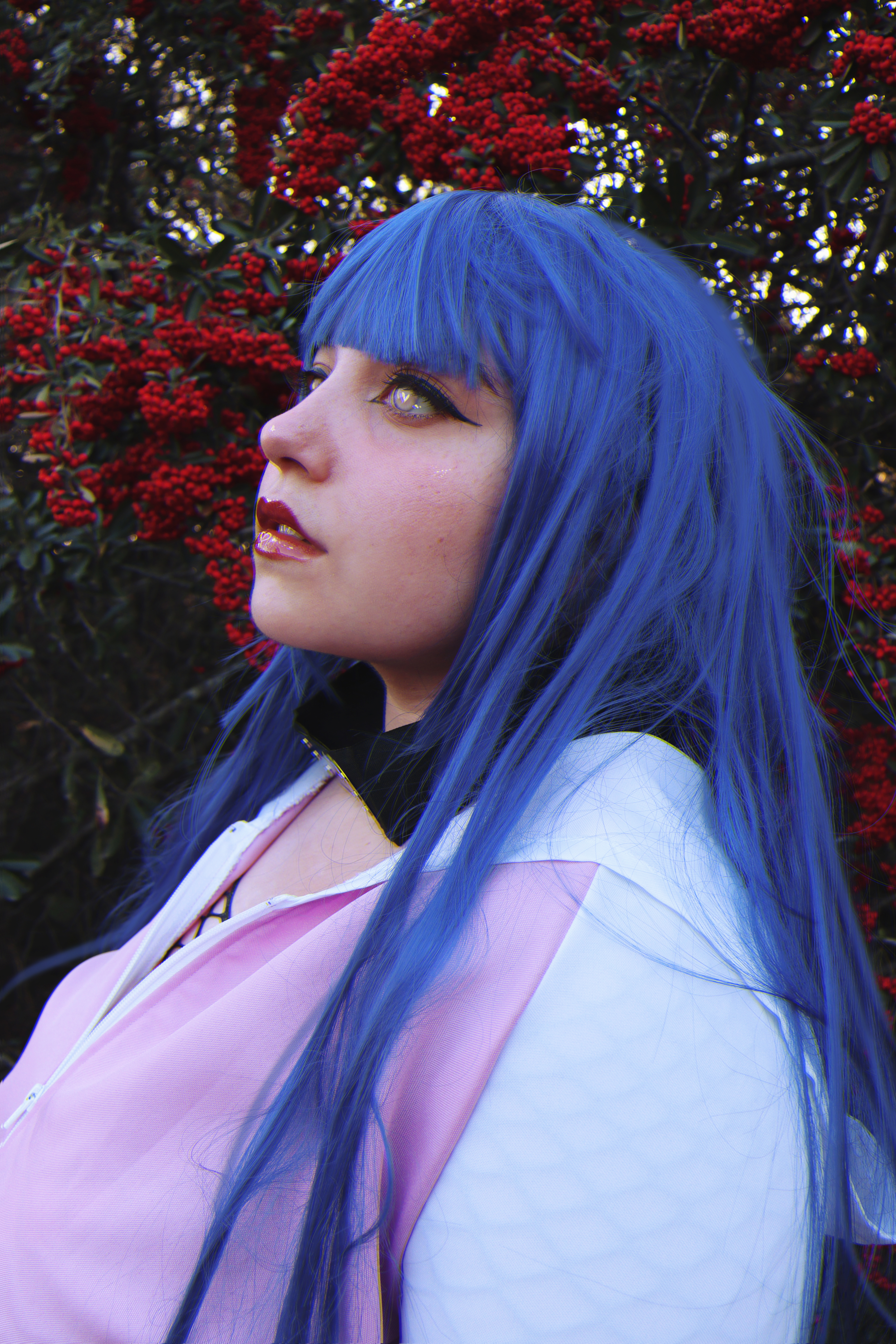a person cosplaying as hinata hyuga from the anime series naruto. she is wearing a blue wig and has pale eyes. she is wearing the character's signature pink and white jacket. there are red berries in the background.