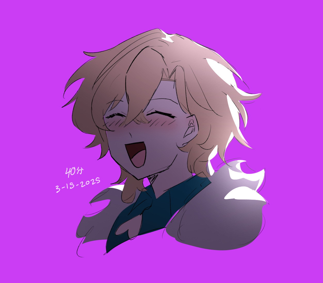 a stylized illustration of a fairskinned animestyle character with blonde hair, who is smiling broadly and blushing slightly. the character is wearing a dark blue or green top and what appears to be a fur collar or a cloudlike formation around the neck. to the lower left, there is text that says "40分 3132025". the background is a solid purple color, providing contrast to the character's lighter tones.
