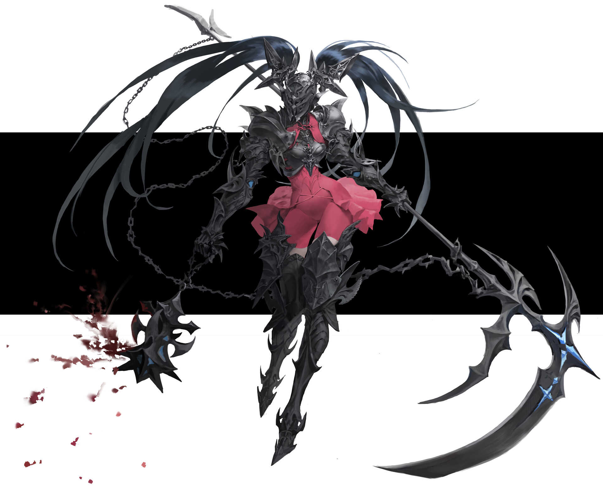a female warrior in dark, ornate armor stands poised for battle. she wields a menacing scythe with a black, spiked blade. her attire combines feminine and battleready elements, with a red skirt contrasting the dark armor. blood splatters hint at past conflicts.