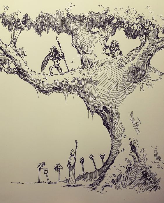 a pen and ink drawing of a lone warrior holding a spear, climbing a massive tree. another figure stands below holding a staff, in front of a line of skulls on posts. the image is in a limited palette of browns, tans, and black.
