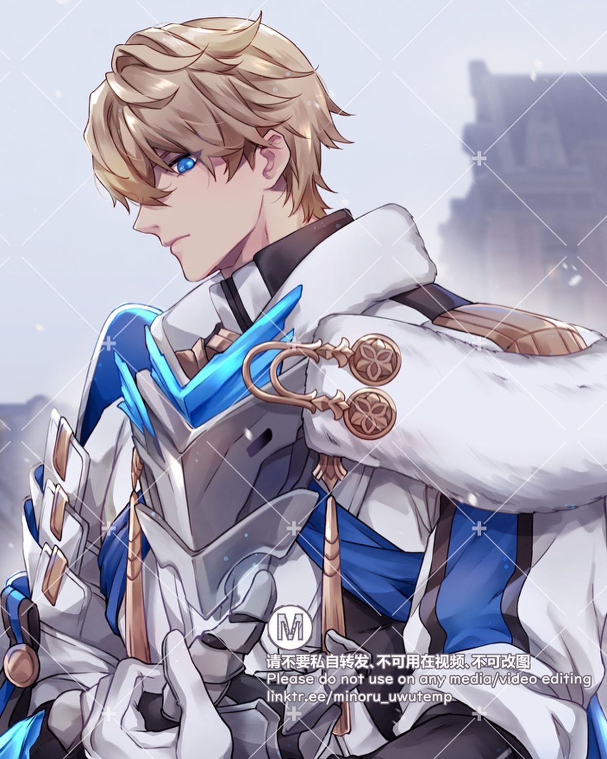 he image is a detailed digital fan art illustration of albedo from the game genshin impact. he is depicted from the chest up, in profile view, looking to his left. his features are very sharp, with bright blue eyes, and styled blonde hair, partially covering one ear. he is wearing an elaborate white coat with blue accents, gold embellishments, and a large, stylized collar. he is wearing an ornate gold and blue jeweled accessory around his neck. the background is blurred but shows a snowy, cold environment. the art style is very clean and polished, showing great attention to detail in the character's clothing, hair, and facial features.  a watermark indicating the artist and restrictions on use is present on the image.