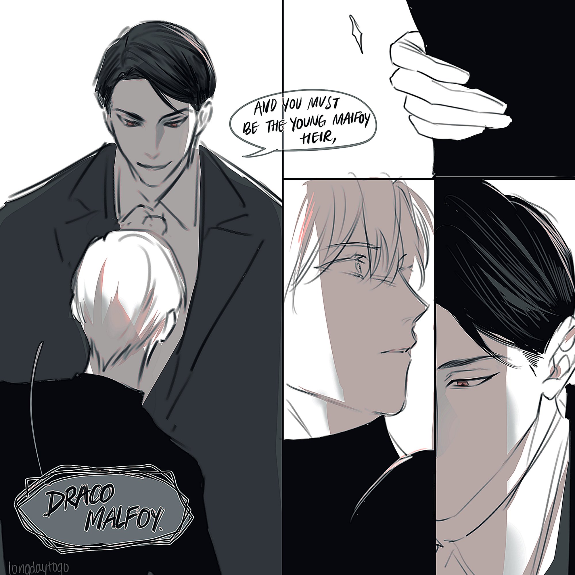 he image is a mangastyle illustration, possibly fanart, depicting a scene with characters resembling draco malfoy from harry potter.  it's broken into panels.  the first panel shows an older, sharply dressed man (possibly an older draco) who seems to be presenting a younger person (possibly a younger draco or another character).  a speech bubble above indicates the younger person must "be the young malfoy heir." the next panel transitions to a more intimate scene between two characters who appear to be in a romantic relationship. one has blond hair, and the other has dark hair. both are drawn with expressive eyes and shadowy detail, suggesting a sense of mystery and intensity. the style is dark and elegant, employing monochrome tones to enhance the dramatic effect.  the overall mood is somewhat mysterious and romantic, with a hint of tension or angst. the text "draco malfoy" is prominent in one of the panels.