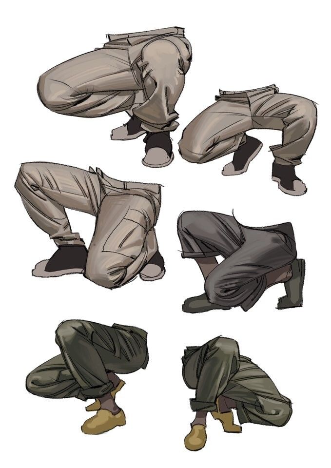 this is an illustration of six different poses of a person squatting, drawn in a realistic style.  the person is wearing different types of pants.  the illustration is done in grey tones and black outlines and is set against a white background.
