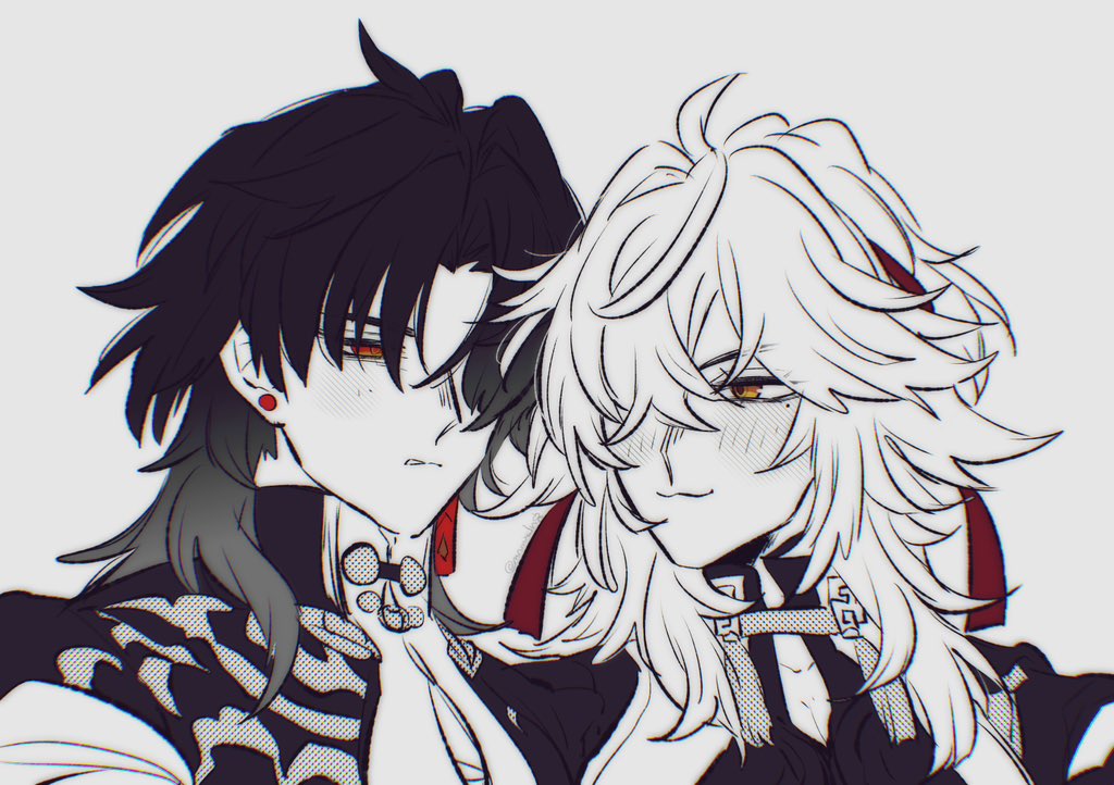 this is a digital drawing of two anime boys. the one on the left has black hair and red eyes and is wearing a black and white outfit. the one on the right has white hair and yellow eyes and is wearing a black and white outfit with red details. they are both blushing and looking at each other, and it seems like they are in love.