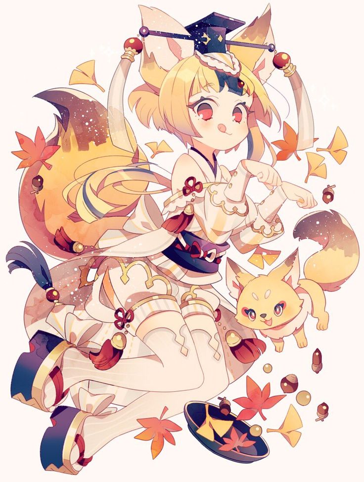 the image depicts a young anime girl dressed in a traditional japanese kimono, adorned with intricate patterns and accents. she is standing in a relaxed pose, one hand on her hip and the other holding a small foxlike creature with a playful grin. the girl's clothing and the surrounding scenery suggest an autumnal theme, with vibrant leaves falling from the trees and scattered acorns on the ground. the overall atmosphere is whimsical and enchanting, capturing the essence of japanese folklore and the beauty of nature.
