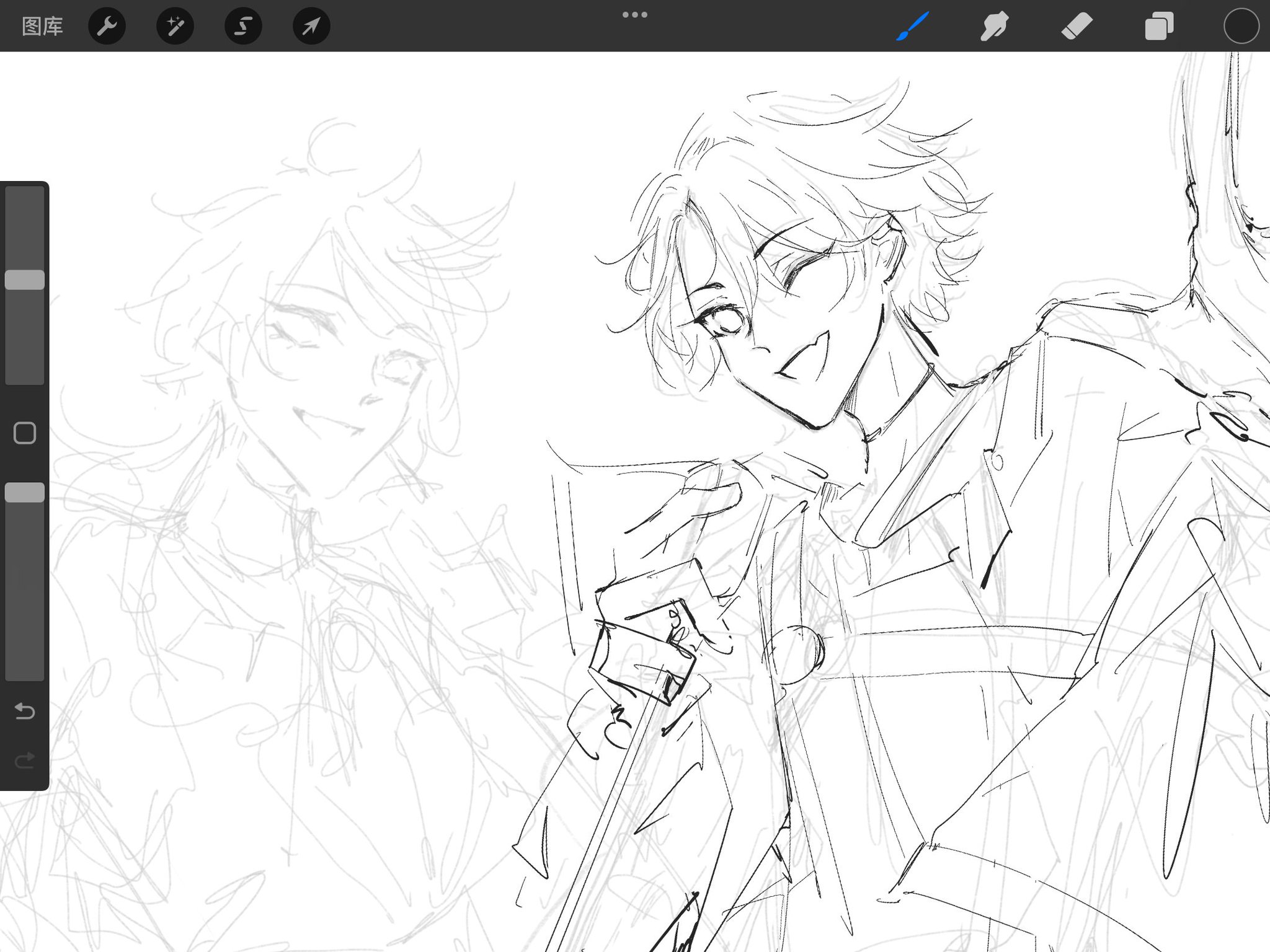 the image is a digital sketch of an anime character. the character is a young male with short white hair, a smiling face, and is wearing a casual jacket. the sketch is drawn in black and grey lines on a white background. the image is likely a work in progress, as it shows many lines and details that are still being refined. it is a beautiful and creative work of art that showcases the talent of the artist. the image is also accompanied by a digital art interface that shows the artist's tools and options. this gives the viewer a glimpse into the process of creating digital art.