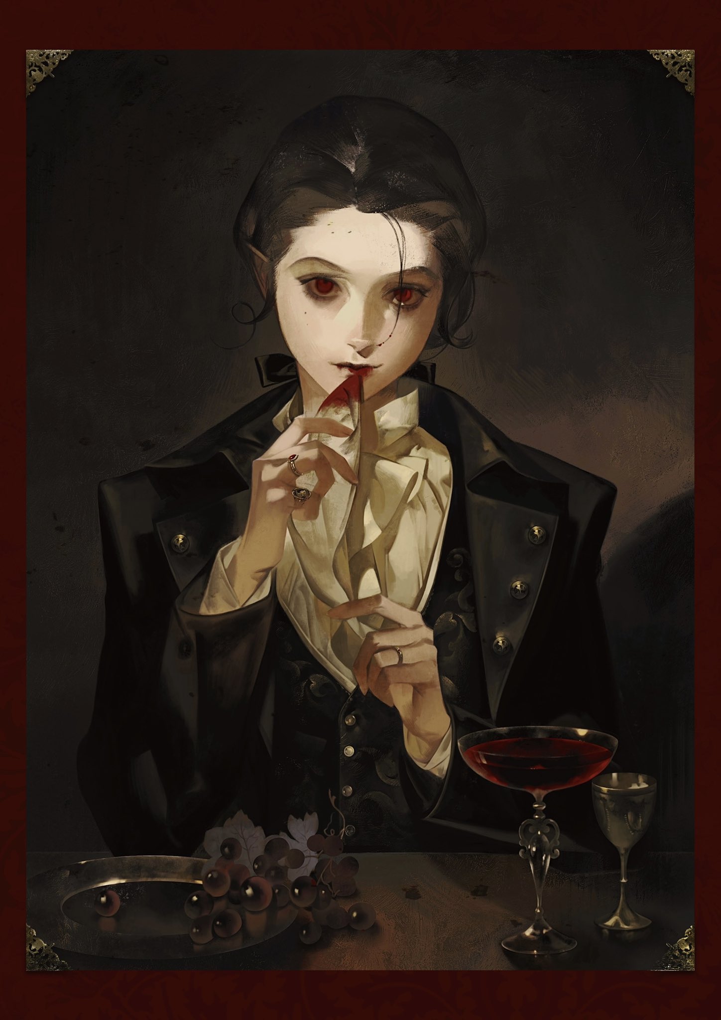 a painting of a handsome vampire in a black suit, with red eyes and a mysterious expression. he is licking blood from his finger, and there is a glass of red wine on the table in front of him. the background is dark and shadowy, with a few gothic touches. the painting is very detailed and realistic, and it captures the essence