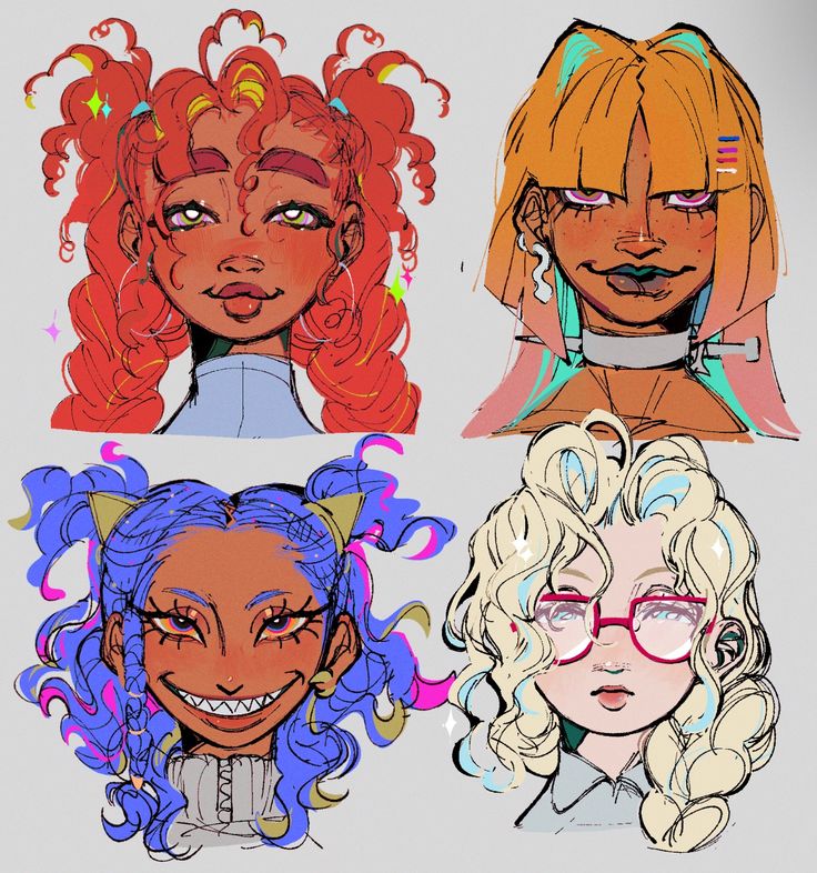 the image is a digital illustration of four female cartoon characters. each character has a unique hairstyle and expression. the first character has curly red hair and a friendly smile. the second character has straight blonde hair and a serious expression. the third character has blue hair and a mischievous grin. the fourth character has curly blonde hair and a sad expression. the characters are all drawn in a colorful and vibrant style. the image is a great example of the artist's unique style and creativity.