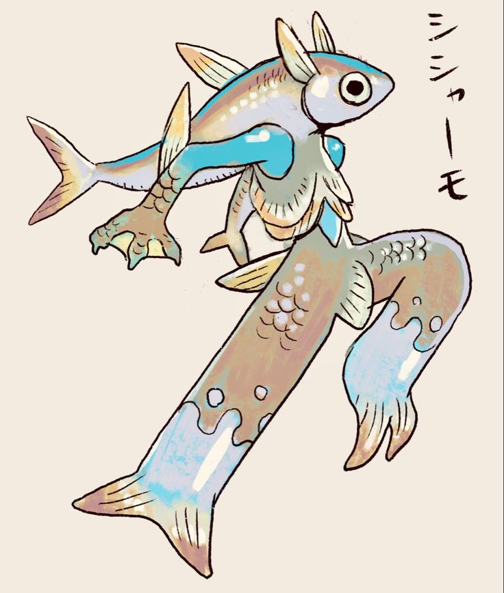 the image is a whimsical illustration of a creature that is a combination of a fish and a mermaid. it has the upper body of a fish with multiple fins and a large eye, while its lower body resembles a mermaid's tail, but with a more fishlike texture. the creature's colors are a mix of pastel shades of blue, beige, and light brown, creating a soft and dreamy aesthetic. the style of the art is cartoonish and lighthearted, with a focus on the imaginative design of the creature rather than realistic detail. the image also includes some japanese characters in the upper right corner, which may be part of the title or artist's signature.