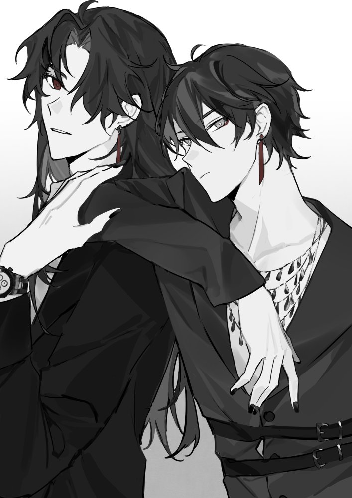 this is a monochrome illustration of two anime boys. the one on the left has long black hair and is wearing a suit. the boy on the right is holding the other boy's shoulders and has his head resting on his shoulder. they both have earrings. they appear to be smiling at each other. they are both fashionably dressed and look stylish.  they are close and affectionate. they seem happy and content with each other's company.  they are likely in a romantic relationship.