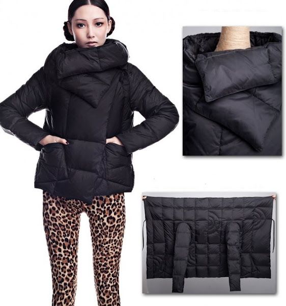 a photo shows a woman wearing a black puffer jacket and leopard print leggings. the jacket has a large cowl neck and quilted design, and the woman has her hands in the jacket's pockets. to the right of the woman are two smaller images of the jacket, one showing the cowl neck closeup, and the other showing the jacket as a convertible blanket.