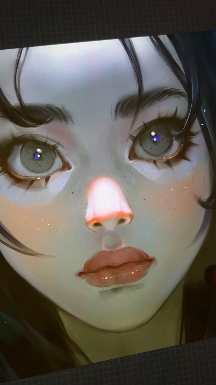 he image is a closeup digital painting of an animestyle girl's face.  her expression is serene and calm, with large, expressive eyes that hold a hint of mystery.  her skin is delicately rendered with subtle freckles and a soft glow, and her lips are full and slightly parted. her dark hair frames her face, partially obscuring the edges. the overall style is ethereal and dreamy, with a focus on soft lighting and vibrant colors. the level of detail is exceptional, showing a high level of artistic skill and technique.