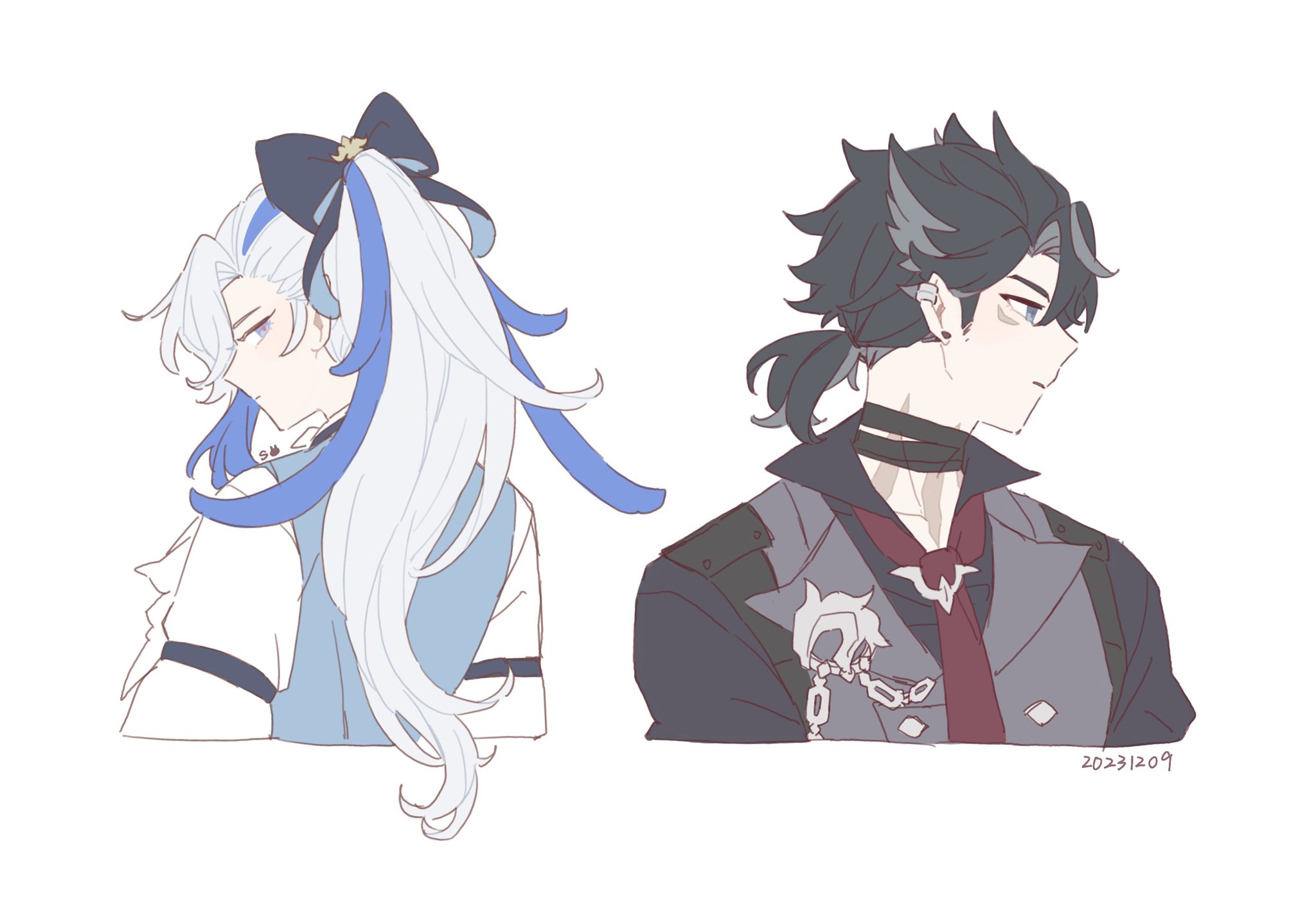 the image presents a digital drawing or fanart, possibly of genshin impact characters (though this is uncertain without further context). the artwork shows two characters side by side, depicted from the shoulders up in a profile view.  one character is a girl with long, flowing white and blue hair styled with a large blue bow, wearing a light blue and white dress. the other character is a boy with long, dark, somewhat spiky hair styled in a ponytail, dressed in a dark gray/black outfit with a red tie and a decorative chain.  the style is reminiscent of anime or manga, with soft, slightly sketchy lines and pastel colors.  the overall aesthetic is delicate and suggestive of a romantic relationship or pairing. the date "20231209" is faintly visible in the bottom right corner, likely indicating the creation date.