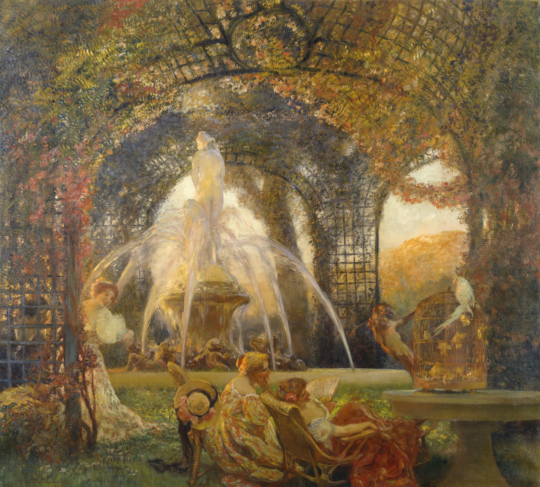 a vibrant painting depicts a lush garden scene dominated by a grand fountain. the fountain features a statue atop its tiered structure, water cascading gracefully. three women relax on a bench, one reading a book, while another woman stands nearby. a table holds a birdcage with a white bird perched on it. a pergola covered in foliage creates an archway effect over the scene. the landscape is filled with trees, flowers, and greenery, bathed in warm sunlight. the overall style is impressionistic and dreamlike.