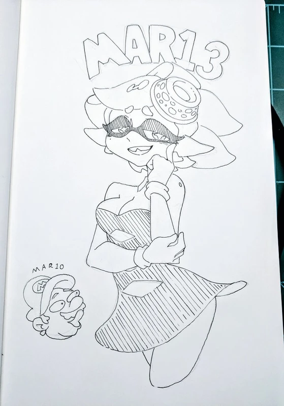 a black and white ink drawing of an anime character, with large eyes, wearing a dress. the character is drawn in a cartoon style and appears to be a female character. the character is looking to the side and smiling, with their hands on their hips.
