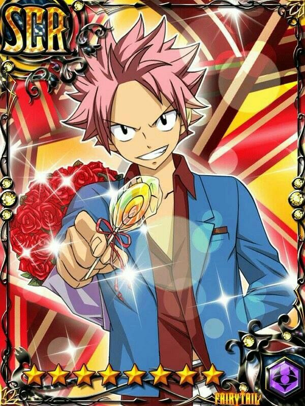 this is an image from the popular anime and manga series fairy tail. it depicts the main character, natsu dragneel, in a colorful and romantic illustration, holding a bouquet of red roses and a lollipop. he has a charming smile on his face and is dressed in a blue jacket and white shirt, suggesting a celebratory or romantic occasion. the background is filled with bright and vibrant colors and a golden decorative frame with a "scr" badge on top. the image is a blend of anime and manga aesthetics, making it appealing to fans of the series.
