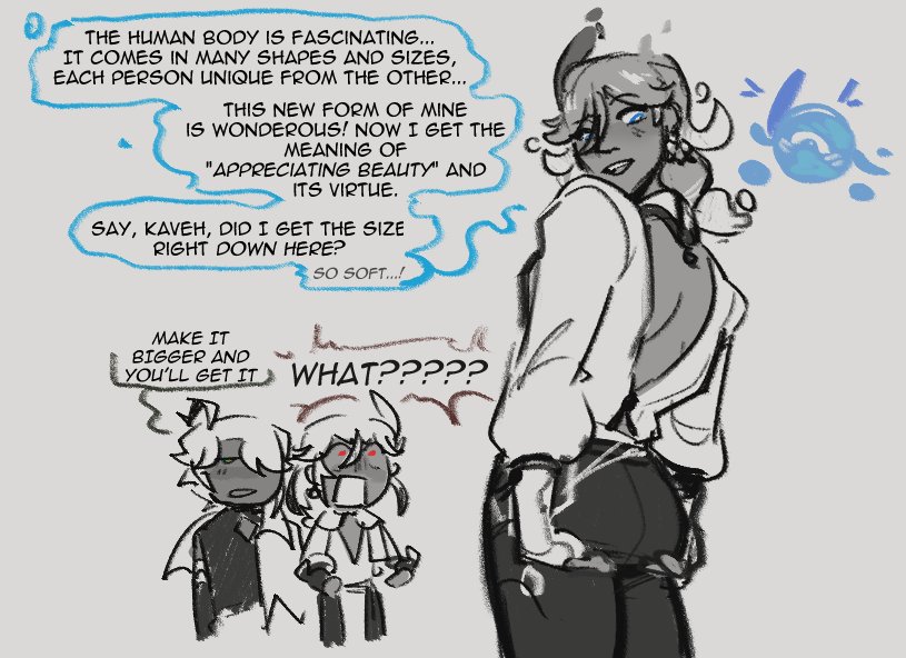 the image is a comic book panel with two characters. the first character is a young man with blond hair and blue eyes. he is wearing a white shirt and black pants. the second character is a man with black hair and brown eyes. he is wearing a black suit. the first character is talking about the human body and its beauty. the second character is blushing and asking what the first character is talking about. the image is drawn in a cartoon style. the lines are thick and the colors are bright.