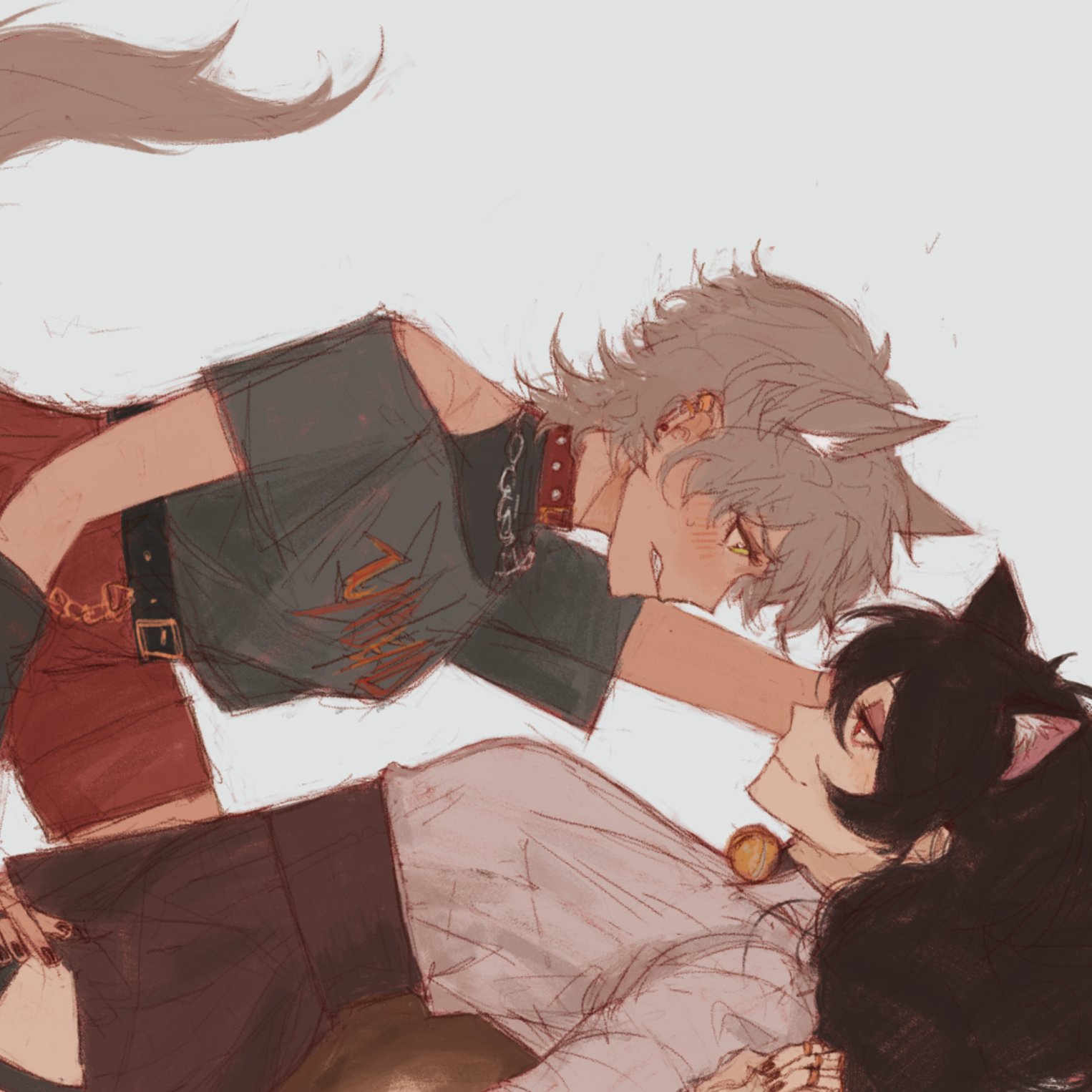the image is a digital drawing or painting in a soft, muted pastel color scheme. it depicts two animestyle girls in a close, affectionate embrace.  one girl has short, grey hair with wolflike ears and is wearing a dark grey tshirt with a graphic design and red shorts, styled with a choker and chain. the other girl has long, black hair with catlike ears and is wearing a light beige shirt and dark pants. they're both blushing slightly, their expressions conveying intimacy and romantic interest. the overall style is soft and suggestive, with the focus on the affectionate interaction between the two characters. the art style is loose and somewhat sketchy, contributing to the overall romantic and dreamy feel.