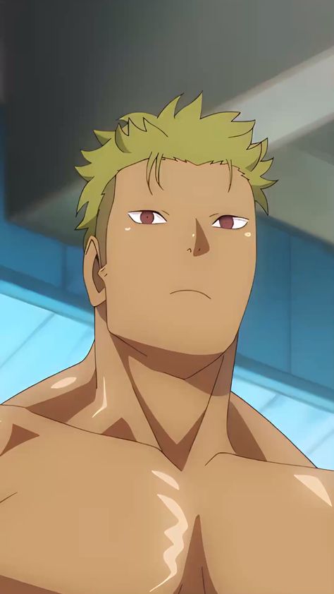 the image features a closeup illustration of a muscular, tanskinned animestyle man with short, spiky blonde hair and piercing red eyes. his expression is serious and stoic, conveying a sense of determination and confidence. he is shirtless, showcasing his welldefined physique, including broad shoulders, a chiseled chest, and toned arms. the setting appears to be indoors, possibly a gym or training facility, with a blue wall in the background. the soft lighting enhances his muscular features, creating a sense of strength and power.