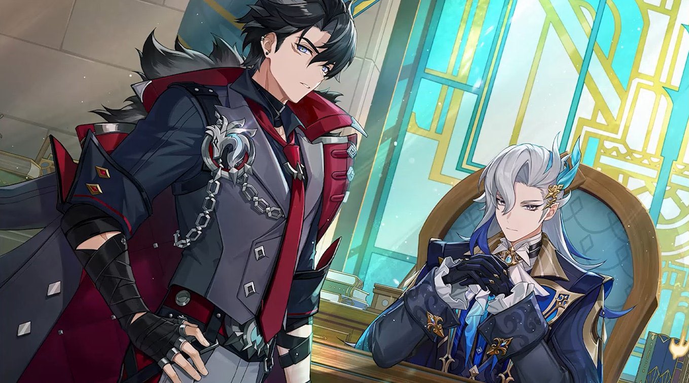 this image features two male anime characters from the popular video game genshin impact. the character on the left is standing, dressed in a dark blue suit with a red tie, black gloves, and a chain. he has black hair and golden eyes, and his expression is serious and slightly smiling. he is looking at the character on the right. the character on the right is sitting, wearing a dark blue coat with white details, black gloves, and a blue tie. he has white hair and blue eyes, and a slight smirk is evident on his face. he is looking forward. the background is a luxurious setting with ornate furniture and architectural details. the characters appear to be engaged in some sort of interaction, perhaps a conversation or a business transaction. the overall mood of the image is elegant and sophisticated.