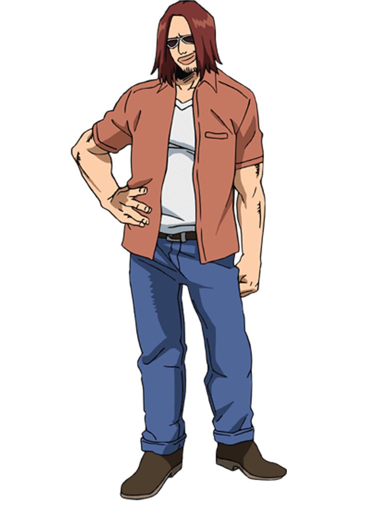 the image shows a male anime character with long red hair and a beard standing with his side profile facing the viewer. he is wearing a red buttondown shirt, blue jeans, and brown boots. he also has a mustache and sunglasses on his face.