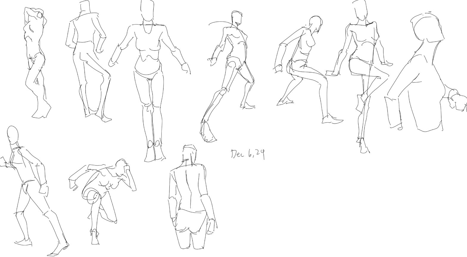 the image contains a collection of quick, gestural figure drawings.  the style is minimalist, using only lines to depict the human form in various poses.  some figures are more detailed than others, reflecting the spontaneous nature of gesture drawing. the drawings vary in pose, from standing and walking to sitting and bending. the date "dec 6, 29" is written in the center of the page, suggesting the date these sketches were made.  the overall impression is one of a rapid and expressive artistic exercise focused on capturing movement and form.