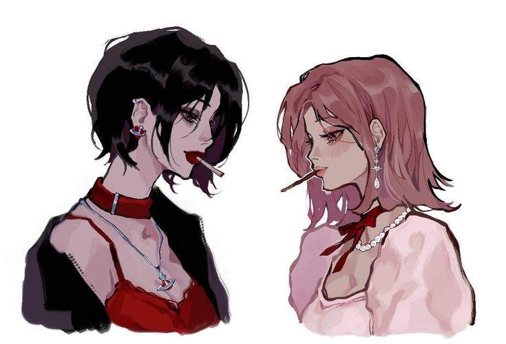 the image depicts two animestyle female characters, each with distinct personalities and styles. one sports short, dark hair, a red dress, and a choker necklace, exuding a bolder, edgier look while holding a cigarette. the other has long, light pink hair, is wearing a light pink dress with a red bow and pearl necklace, presenting a more gentle and delicate aesthetic. they are both depicted in side profile, their expressions and poses suggesting a certain intimacy or connection between them. the art style is detailed and realistic, with shading and textures enhancing the overall atmosphere.  the two girls appear to be close friends or a couple.