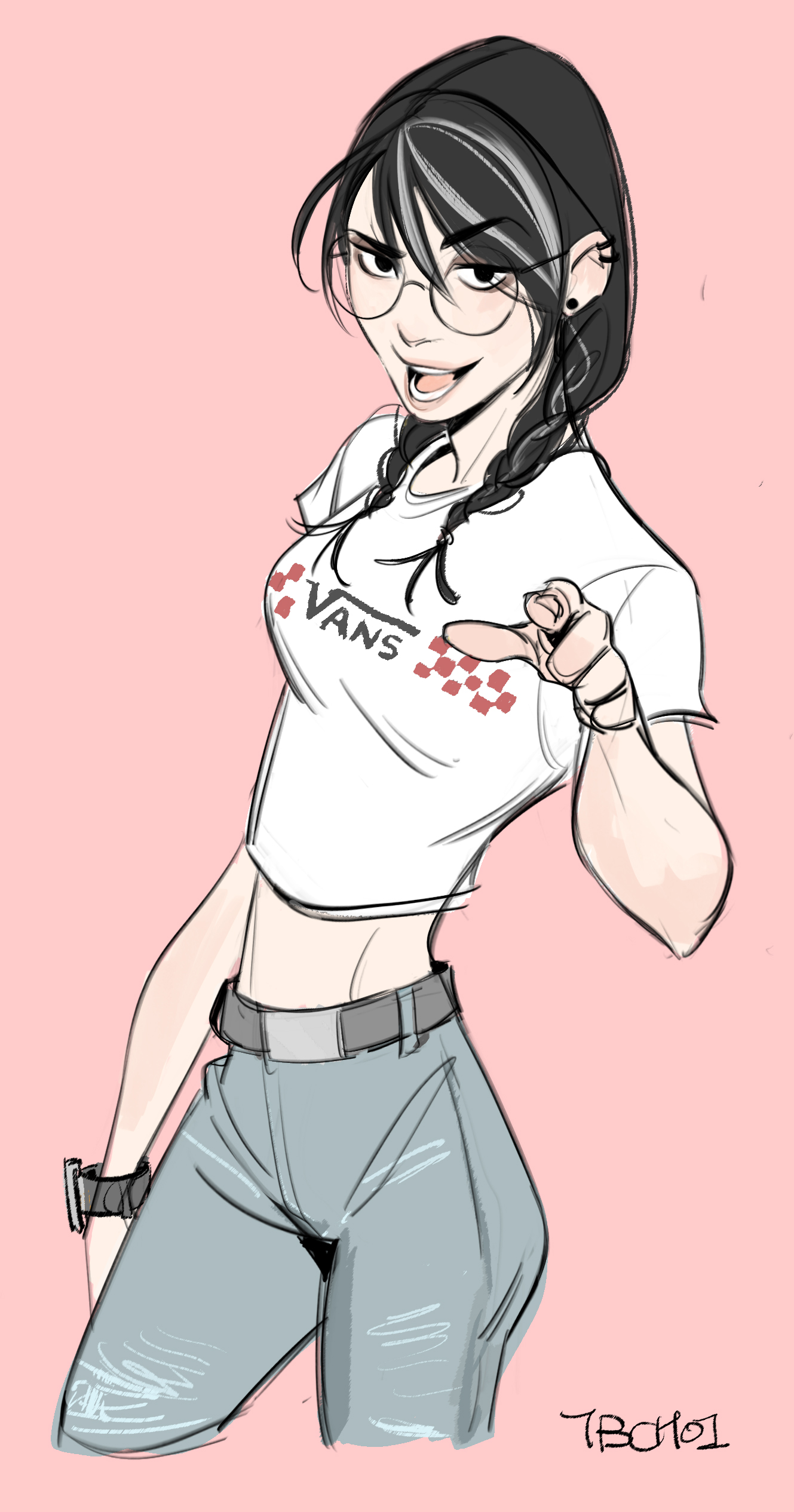 the image is a digital drawing of a young animestyle girl. she has dark hair with streaks of lighter color, styled in braids. she wears round glasses, a white vans crop top, and light grey jeans. she is pointing at the viewer with a confident and slightly sassy expression. the background is a solid light pink. the style is a loose, expressive sketch, with visible brush strokes and a slightly unfinished look. the overall impression is one of youthful energy and selfassuredness.